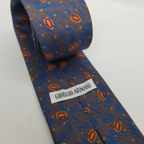 vintage Giorgio Armani abstract tie taupe with blue squiggles and red ovals - Picture 2 of 4